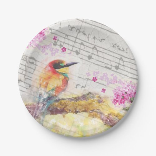 Vintage bird on tree pink flowers decoupage  paper plates