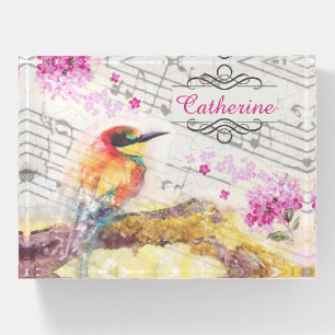 Vintage bird on tree pink flowers decoupage  paperweight
