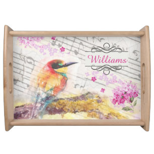 Vintage bird on tree pink flowers decoupage  serving tray