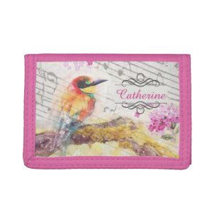 Vintage bird on tree pink flowers decoupage tri-fold wallet