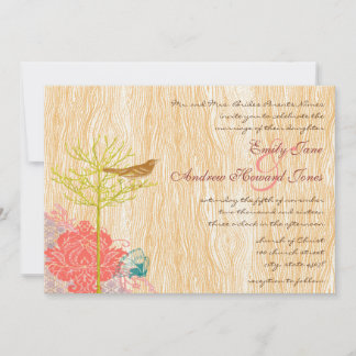 Vintage Bird on Wood Grain Wedding Invitation