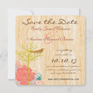 Vintage Bird on Wood Grain Wedding Save the Date