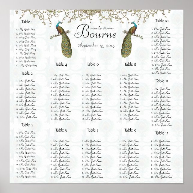 Vintage Bird Peacock Seating Chart 12 Tables (Front)