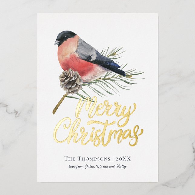 Vintage Bird Personalized Christmas Foil Holiday Card (Front)