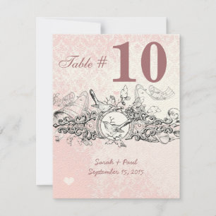 Vintage Bird Pink Musical Scroll Wedding Table No. Invitation