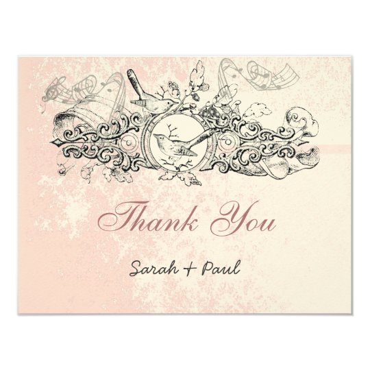 Vintage Bird Pink Musical Scroll Wedding Thank You Card