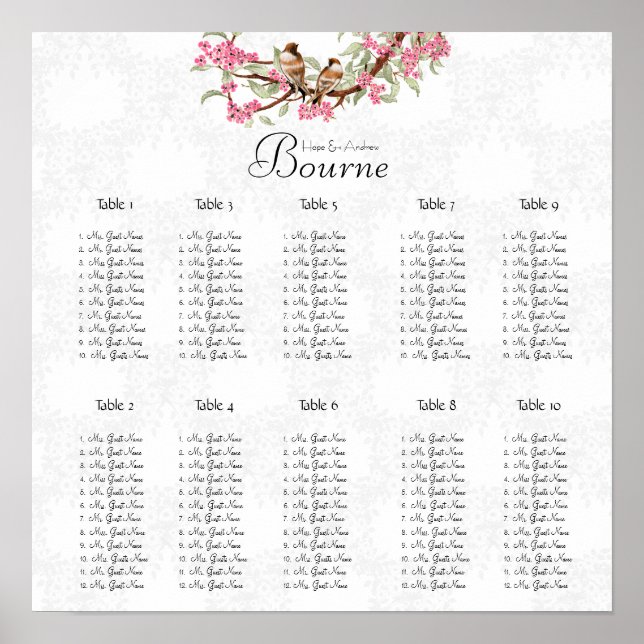 Vintage Bird Pink Seating Chart 12 Tables (Front)