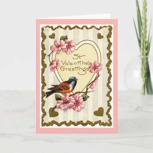Vintage Bird Pink Valentine Greeting Card (Front)