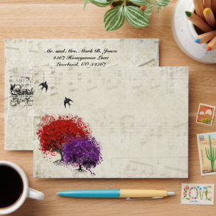 Vintage Bird Purple Red Heart Leaf Envelope