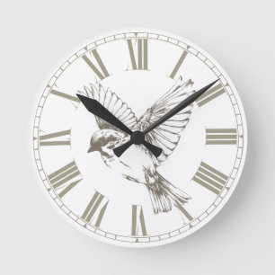Vintage Bird Roman Numerals Sepia  Round Clock