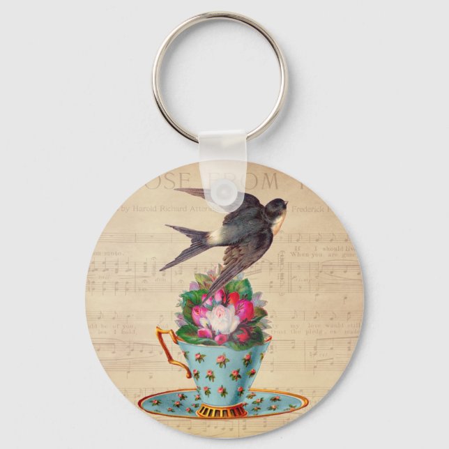 Vintage Bird, Roses, and Teacup Keychain (Front)