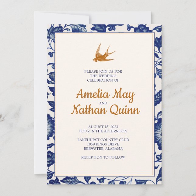 Vintage Bird Wedding Invitation in Elegant Blue (Front)