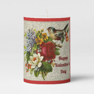 Vintage Bird With Flowers Valentine Pillar Candle