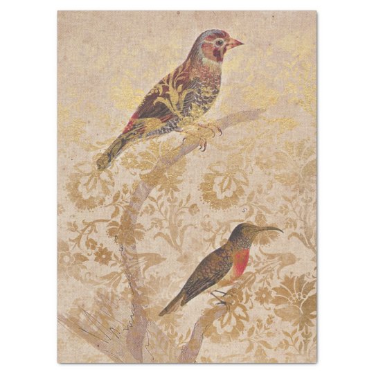 Vintage Bird with Gold Decoupage Tissue Paper