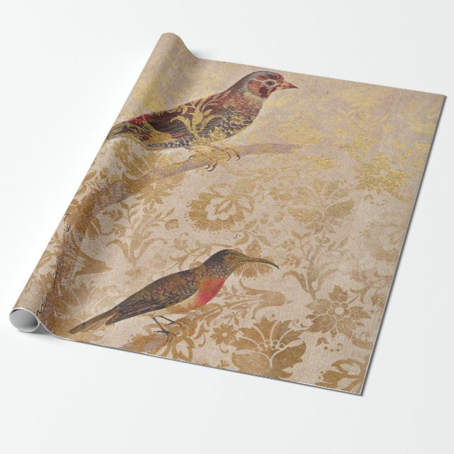 Vintage Bird with Gold Wrapping Paper (Unrolled)