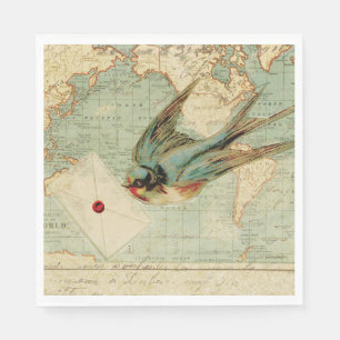 Vintage bird with letter on an antique map napkins