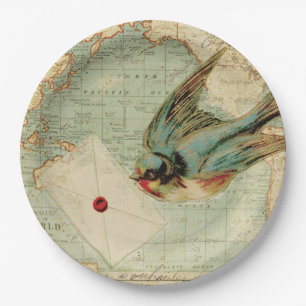 Vintage Bird with letter on an antique map  Paper Plates