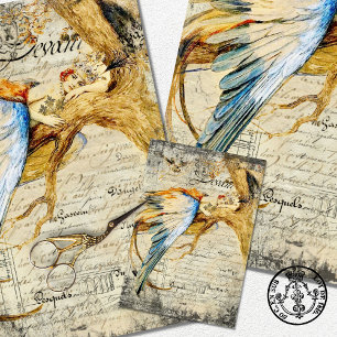 Vintage Bird Woman Furniture Decoupage Wrapping Paper Sheets