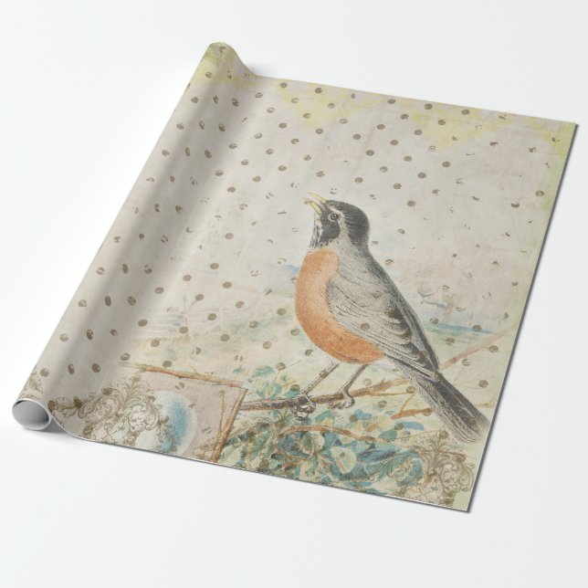 Vintage Bird Wrapping Paper Roll (Unrolled)