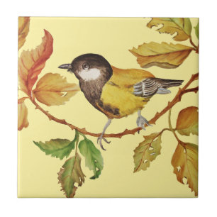 Vintage Bird Yellow Black and Leaves Ceramic Tile