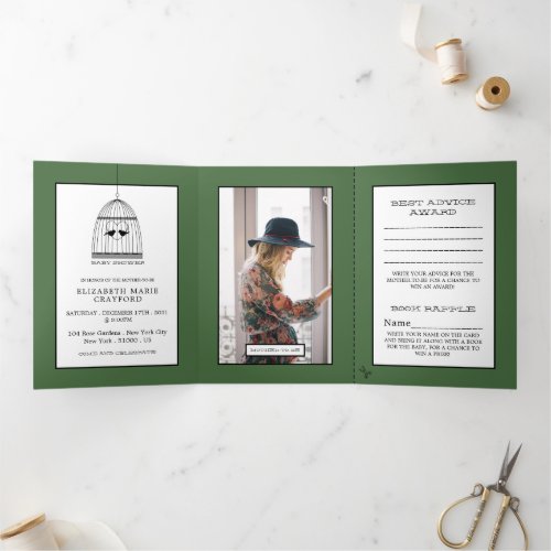 Vintage Birdcage Artichoke Green Baby Shower Suite Tri_Fold Invitation