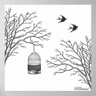 Vintage Birdcage Bare Branch Swallow Poster