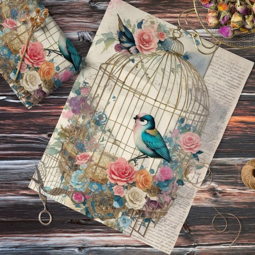 Vintage Birdcage Birds and Flowers Decoupage Tissue Paper