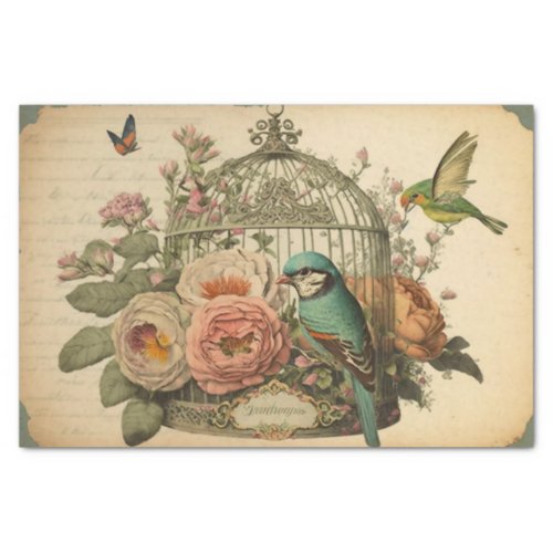 Vintage birdcage Birds green floral decoupage Tissue Paper