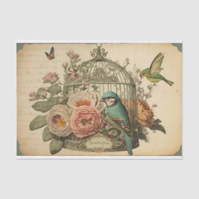 Vintage birdcage Birds green floral decoupage Tissue Paper | Zazzle