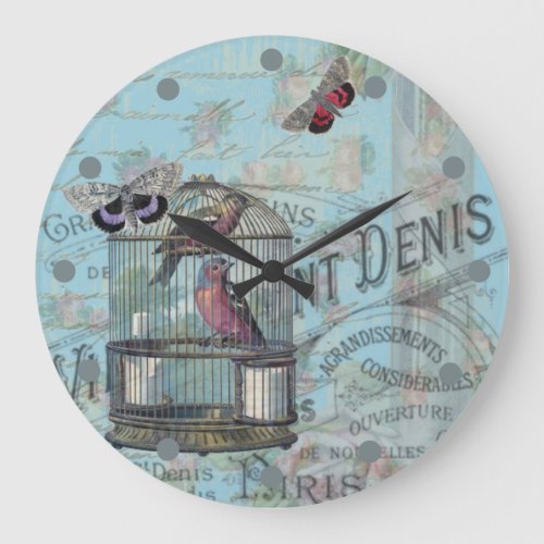 Vintage Birdcage Blue Parisian Shabby Chic Large Clock