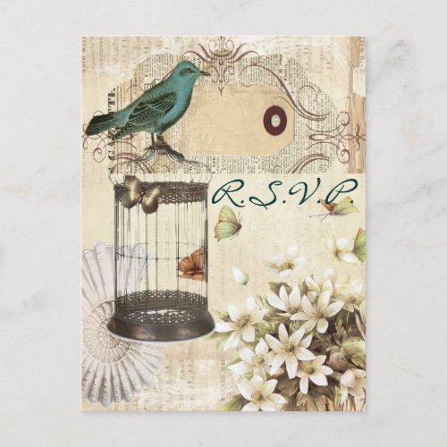 vintage birdcage botanical wedding response RSVP Invitation Postcard