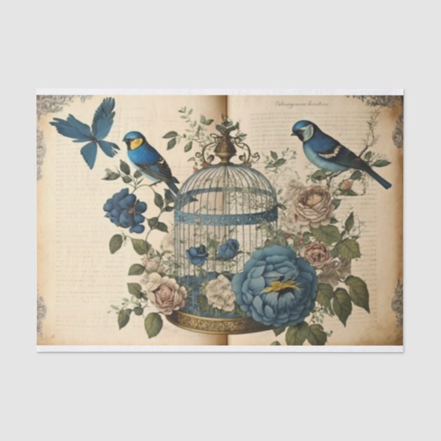 Vintage Birdcage butterflies and flowers decoupage Tissue Paper (Front)
