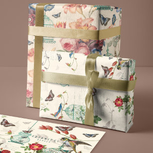 Vintage Birdcage, Butterflies & Birds Decoupage Wrapping Paper Sheets