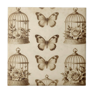 Vintage Birdcage Butterfly Rose Sepia Pattern Ceramic Tile