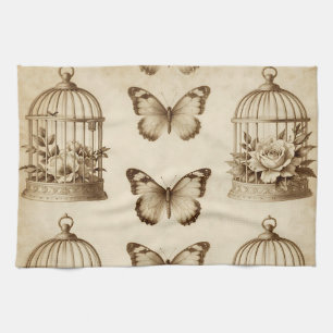 Vintage Birdcage Butterfly Rose Sepia Pattern Kitchen Towel