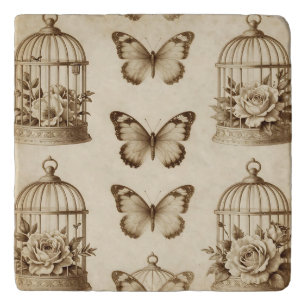 Vintage Birdcage Butterfly Rose Sepia Pattern Trivet