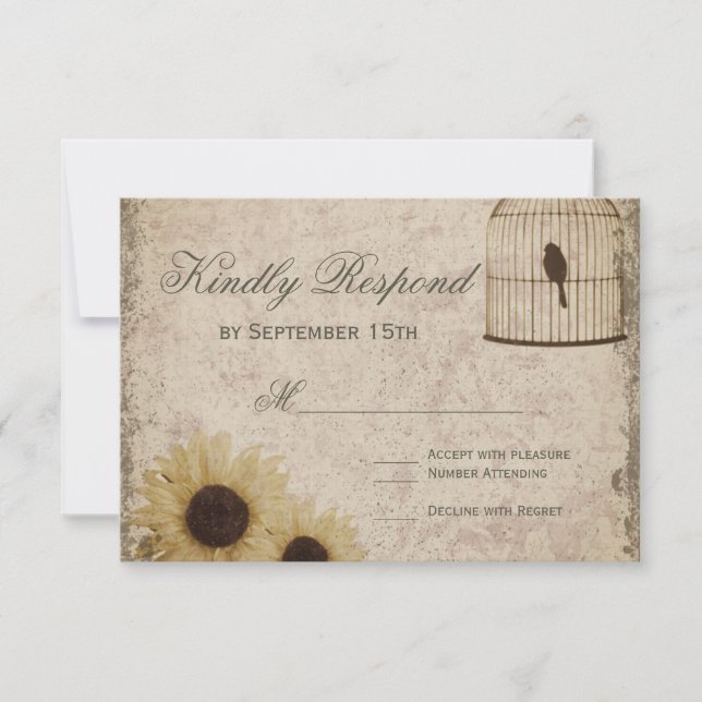 Vintage Birdcage Rustic Sunflowers Wedding RSVP (Front)