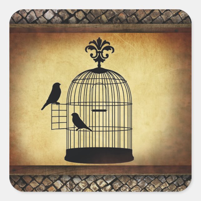 vintage birdcage stamp. square sticker (Front)