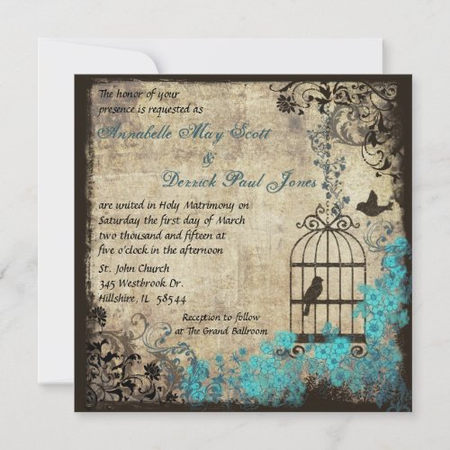 Vintage Birdcage Wedding Invitation Blue