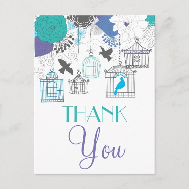 Vintage Birdcages and Flowers Thank You Postcard (Front)