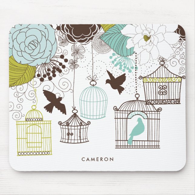 Vintage Birdcages Floral Personalized Mousepad (Front)