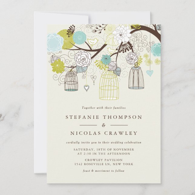 VINTAGE BIRDCAGES FLORAL SPRING WEDDING INVITATION (Front)