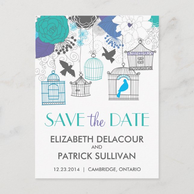 Vintage Birdcages & Flowers Save the Date Postcard (Front)