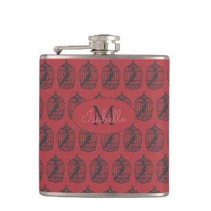Vintage Birdcages on Red Personalised Flask
