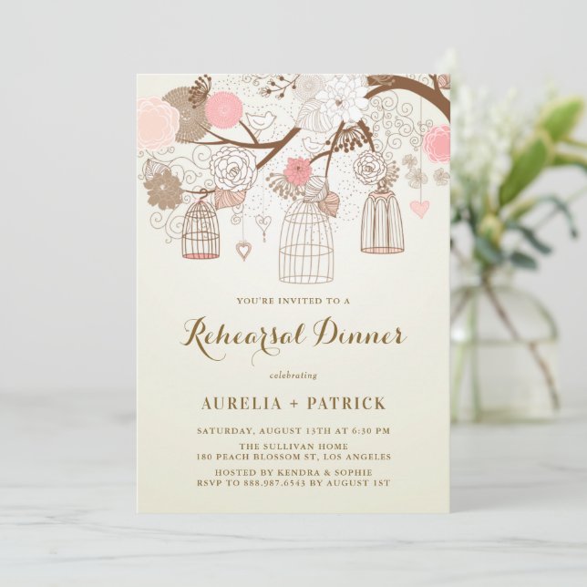Vintage Birdcages Pink and Brown Rehearsal Dinner Invitation (Standing Front)