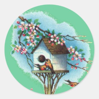 Vintage Birdhouse Classic Round Sticker by stellerangel at Zazzle
