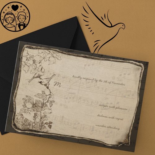 Vintage Birds Aged Parchment Wedding RSVP Card