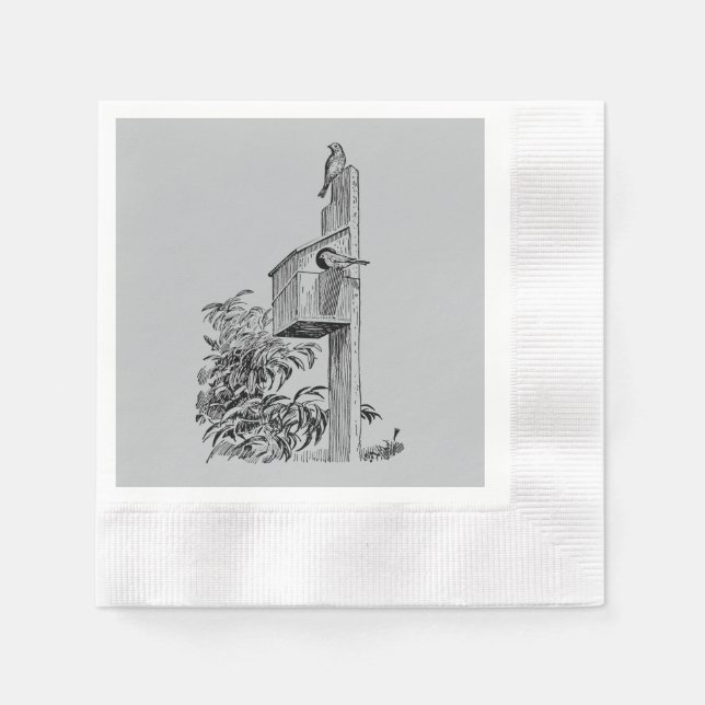 Vintage Birds and Birdhouse Silver Paper Napkins (Front)