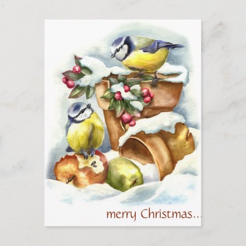 Vintage Birds and Flower Pots Christmas Postcard