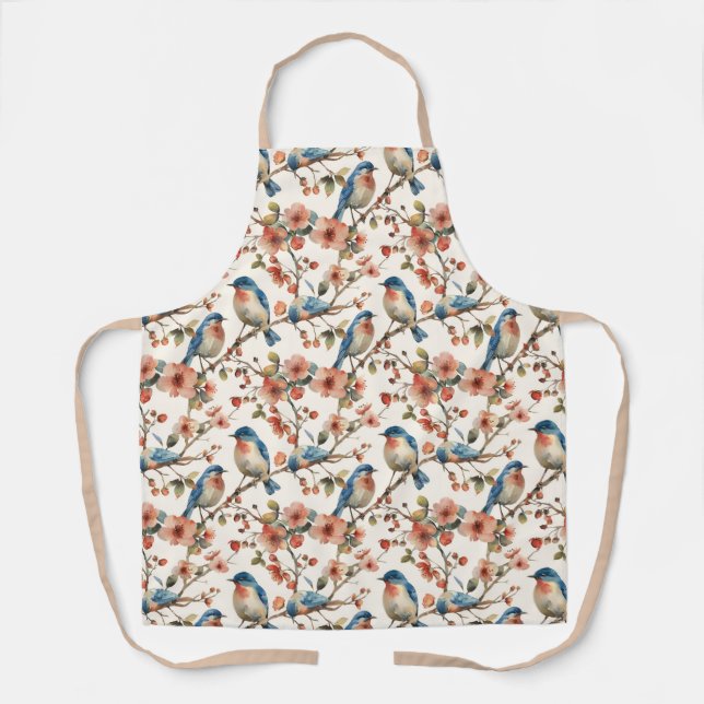 Vintage Birds and Flowers Beige Strap Apron (Front)